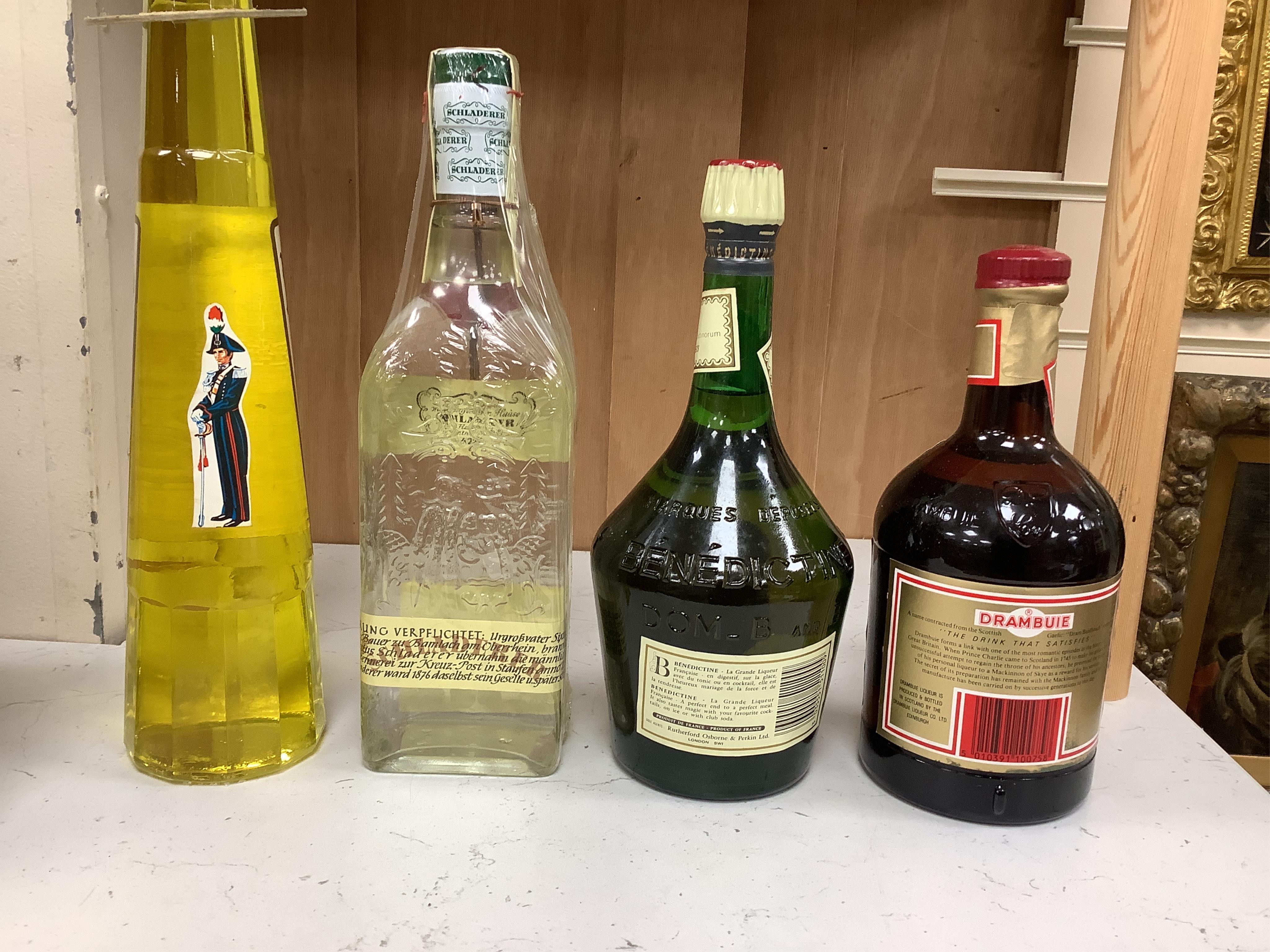 Seventeen bottles of various liqueurs including, Drambuie, Crème de Menthe etc. Condition - storage unknown